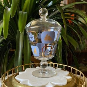 Vintage Nautical Pedestal Lidded Apothecary Candy Jar - Blue + Gold, Clear Glass